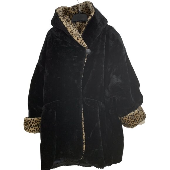 Black Faux Fur Coat Leopard Print Trim Hooded Monterey Fashions 3X RG10187 - Picture 9 of 13